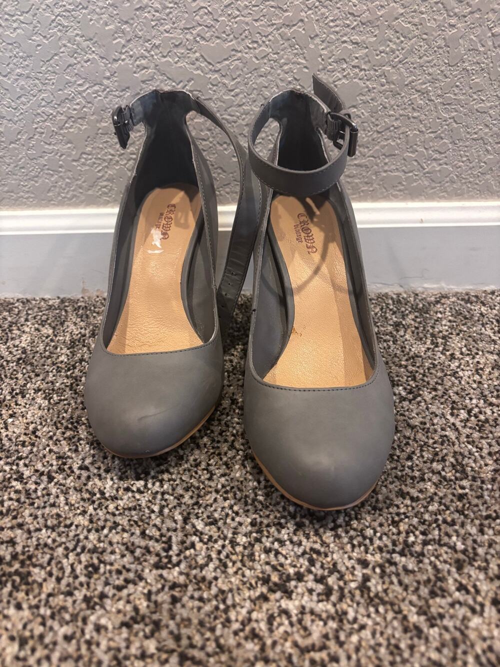 CV Audrey gray ankle strap chunky heel